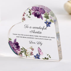 Personalised Auntie Heart Acrylic Plaque Gift, Floral Gift for Aunt, Christmas or Birthday Keepsake