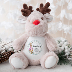Personalised First Christmas Soft Toy, Custom Name Reindeer Plush with Bunny Design