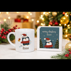 Personalised Kids Christmas Mug With Named Gift Box, Scandi Santa Reindeer Penguin Snowman Design