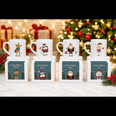 Personalised Kids Christmas Mug With Named Gift Box, Scandi Santa Reindeer Penguin Snowman Design