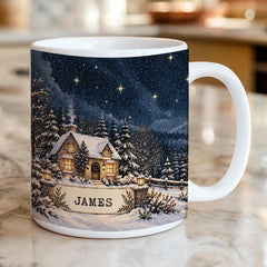Personalised Christmas Mug, Custom Name Winter Cottage Gift