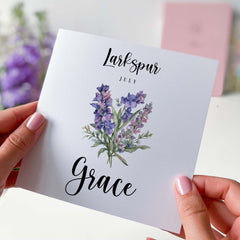 July Birth Flower Card Larkspur Born In July Personalised Birthday Card With Name Month Larkspur Gift Card Her Him Mum Friend Sister Auntie