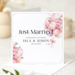 Just Married Personalised Wedding Day Card with Balloon Floral Design Congratulations Card for Bride & Groom or Couple