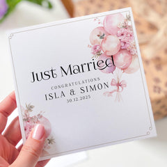 Just Married Personalised Wedding Day Card with Balloon Floral Design Congratulations Card for Bride & Groom or Couple