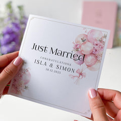 Just Married Personalised Wedding Day Card with Balloon Floral Design Congratulations Card for Bride & Groom or Couple