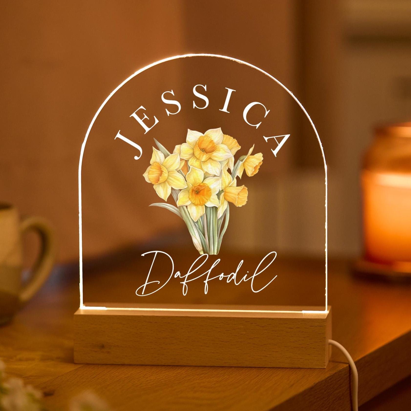March Birthday Daffodil Birth Flower LED Night Light Gift for Her Sister Mum Friend Wife 30 - 80th Birthday