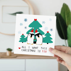 Merry Christmas Card For Boyfriend Girlfriend Wife Husband All I Want This Christmas Is You Cute Penguins Xmas Card For Him Her