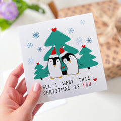 Merry Christmas Card For Boyfriend Girlfriend Wife Husband All I Want This Christmas Is You Cute Penguins Xmas Card For Him Her