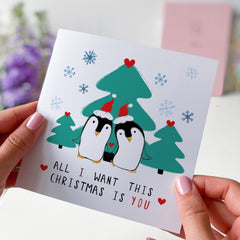 Merry Christmas Card For Boyfriend Girlfriend Wife Husband All I Want This Christmas Is You Cute Penguins Xmas Card For Him Her