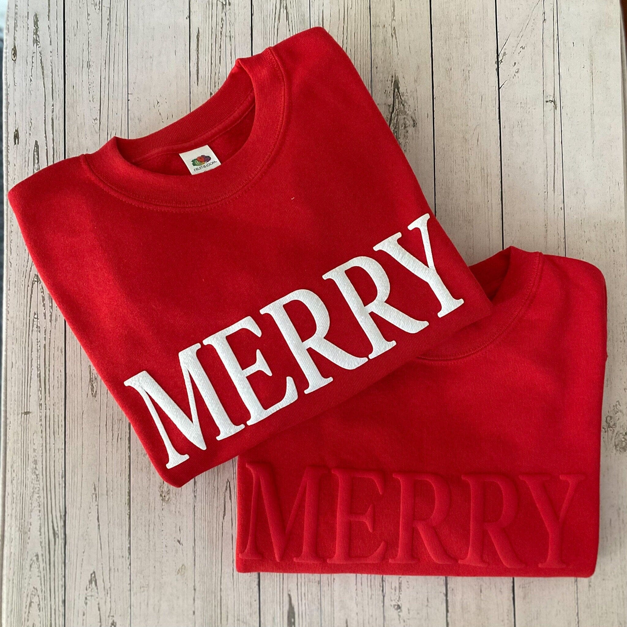 Merry Christmas Puff Print Jumper 3D Letters & Sizes Jumpers Xmas Sweatshirt