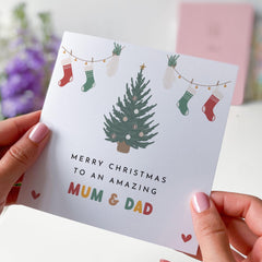 Merry Christmas To An Amazing Mum And Dad Gift Card Mummy And Daddy New Dad Mum With Xmas Decoration Greeting Cards Xmas Tree