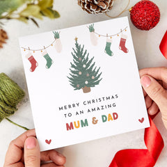 Merry Christmas To An Amazing Mum And Dad Gift Card Mummy And Daddy New Dad Mum With Xmas Decoration Greeting Cards Xmas Tree