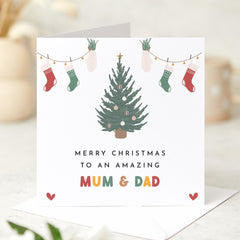 Merry Christmas To An Amazing Mum And Dad Gift Card Mummy And Daddy New Dad Mum With Xmas Decoration Greeting Cards Xmas Tree