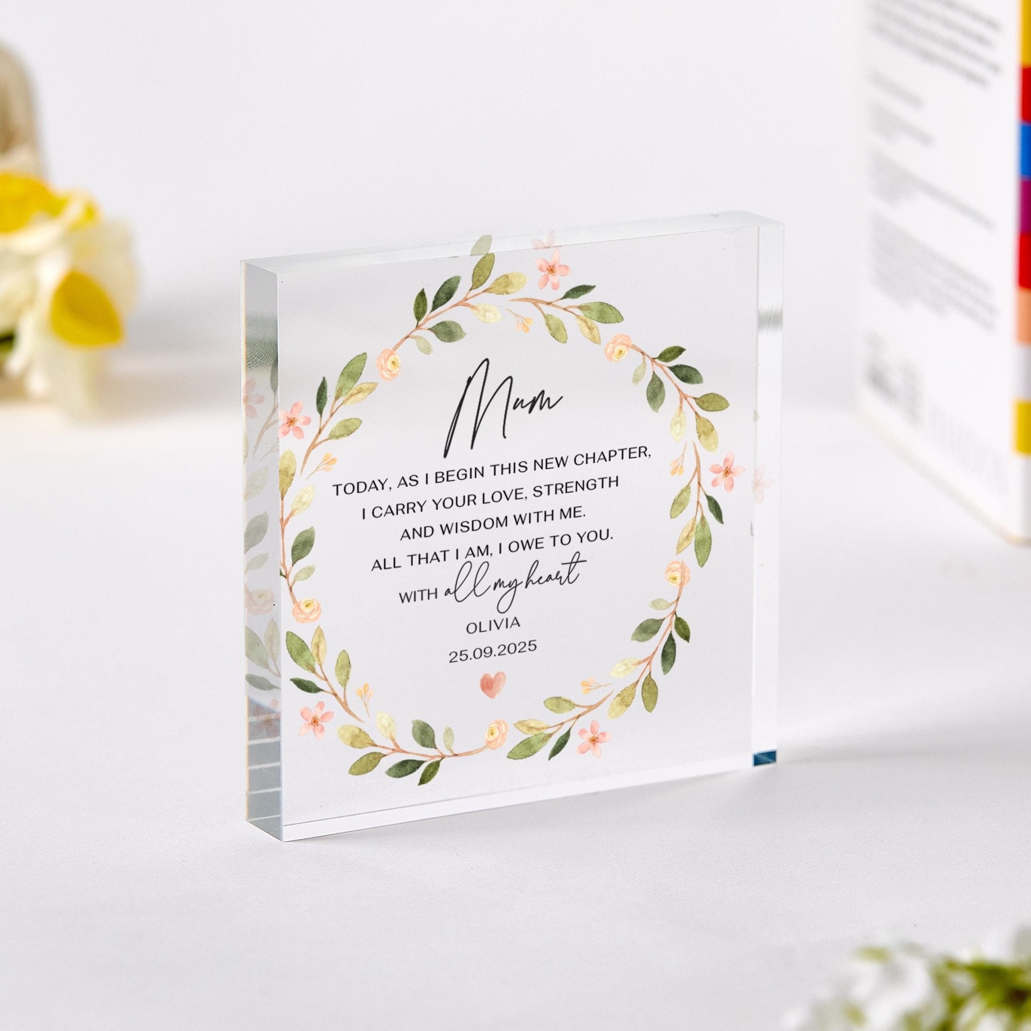 Mother of the Bride Gift Mum Acrylic Plaque Elegant Wedding Day Gift from Daughter Heartfelt Floral Keepsake with Message of Gratitude