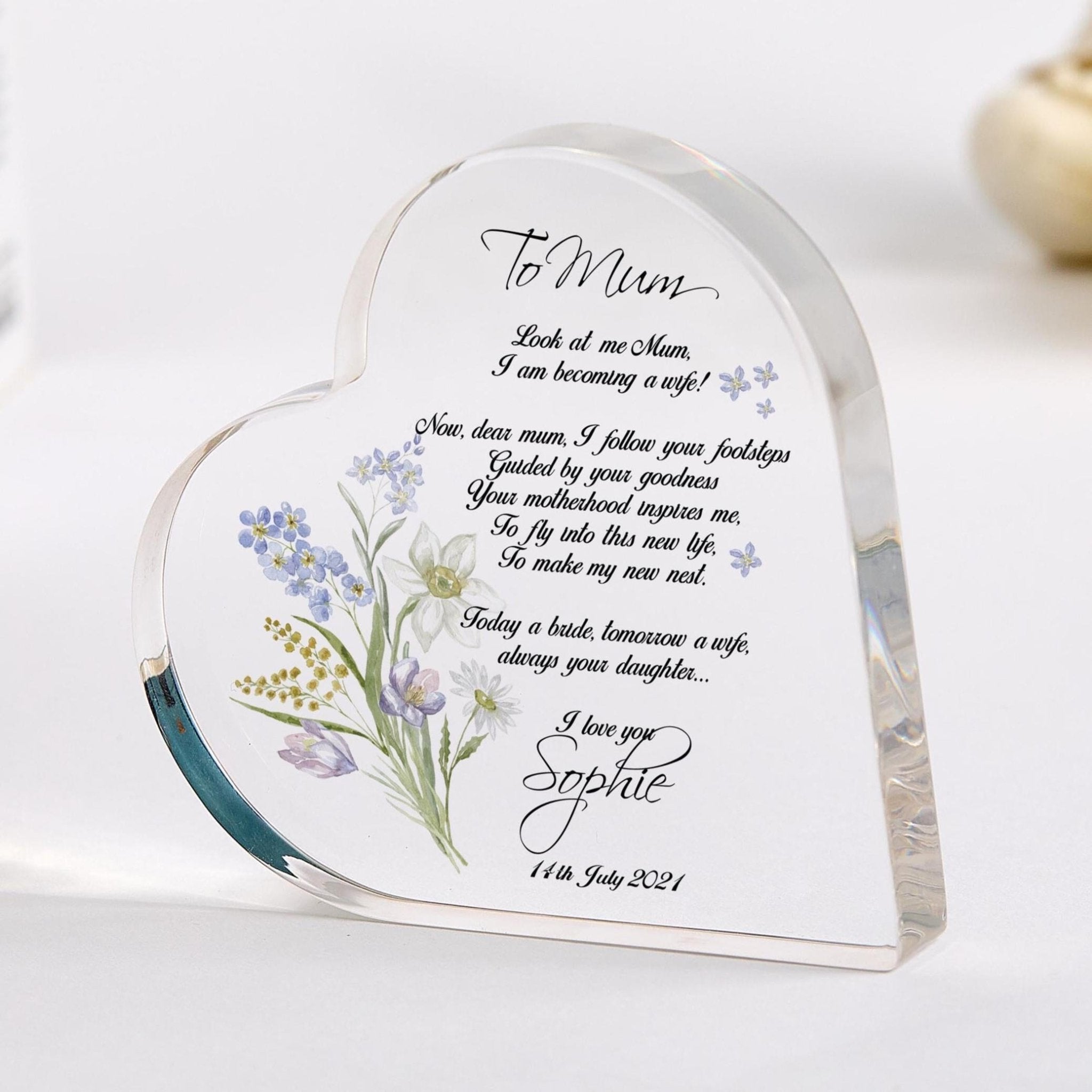 Mother Bride Wedding Day Mum Heart Keepsake Bride Sentimental Present Thank You Mum Wedding Poem Acrylic Plaque