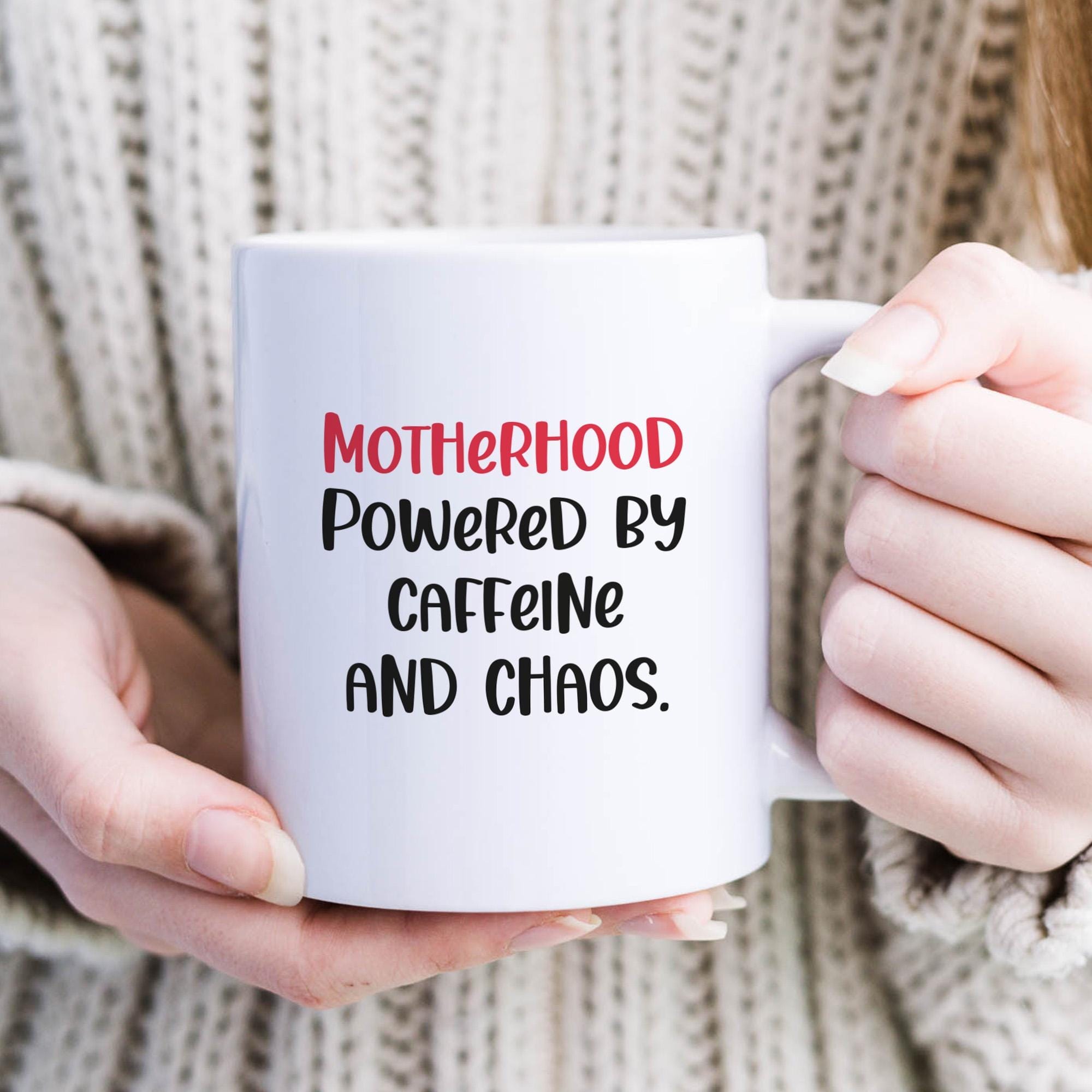 Motherhood Mug Funny Gift Caffeine Chaos Coffee Cup Birthday Present for Mummy Baby Shower Gift for Her