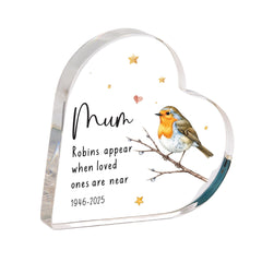 Mum Memorial Acrylic Plaque – Robin Design Sympathy Remembrance Gift Keepsake