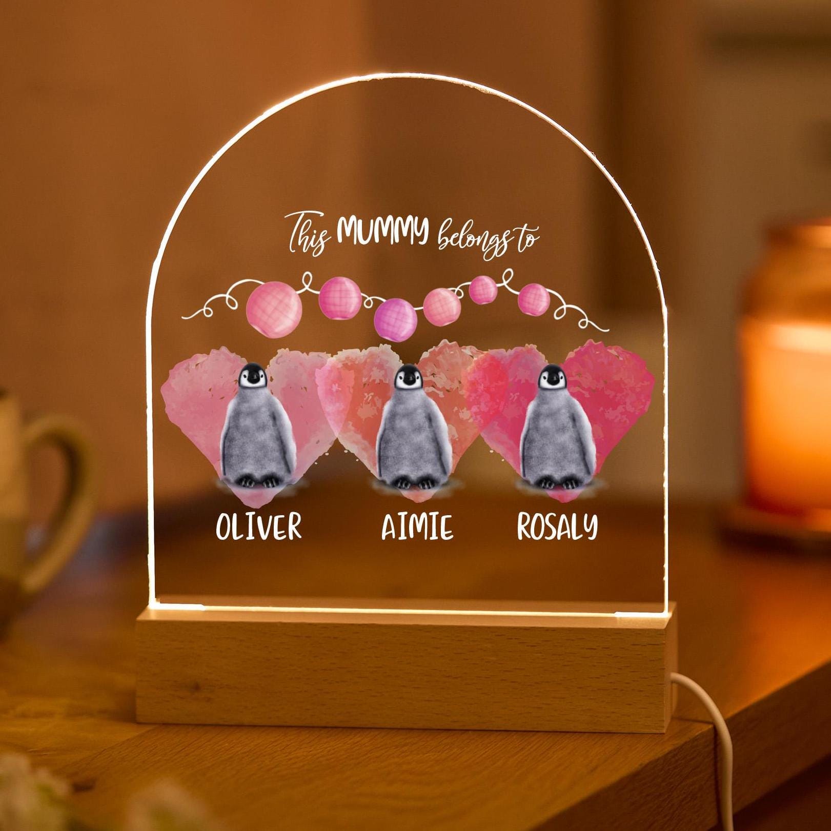 Mummy LED Night Light Gift for Mum Kids Name Mum's Birthday Mother's Day Present Cute Penguin Heart Lamp