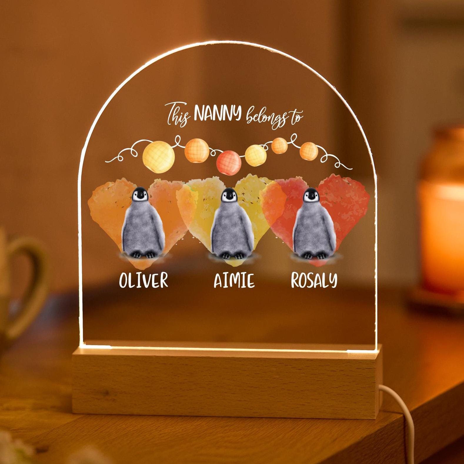 Nanny LED Night Light Gift Name Grandchildren Mother's Day Christmas Birthday Penguin Lamp Granny Nana
