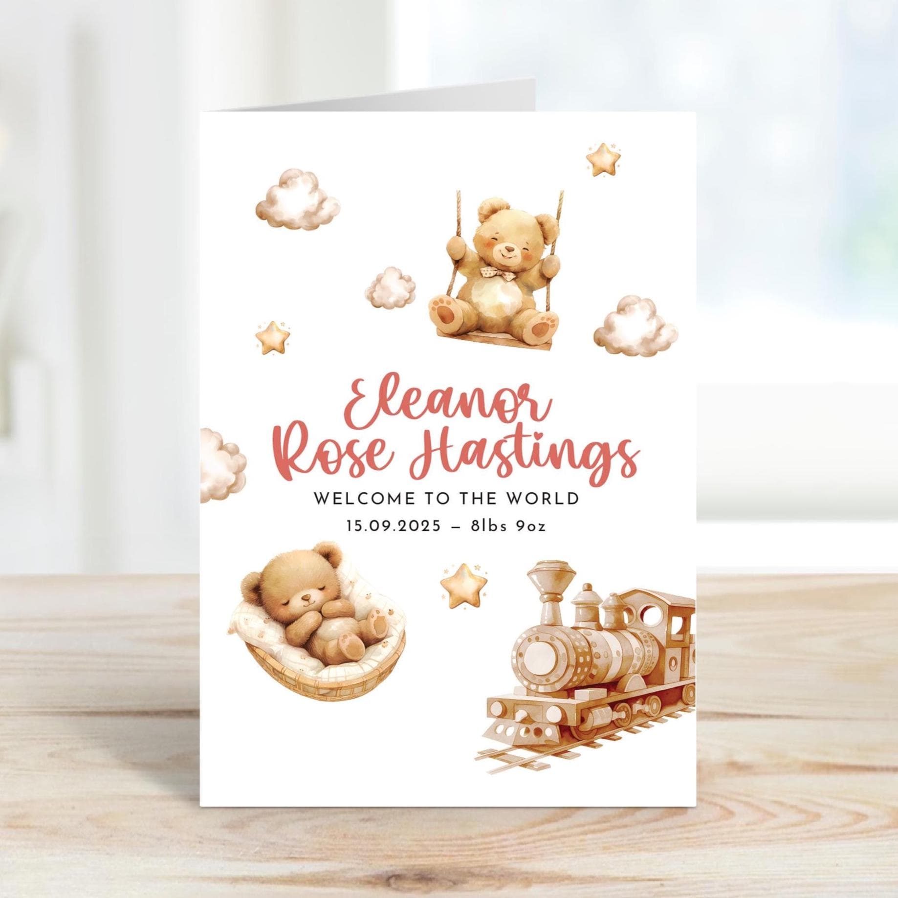 New Baby Card for Girl or Boy Welcome to the World Card with Name Date and Birth Weight Cute Teddy and Train New Born New Mum Dad