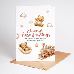 New Baby Card for Girl or Boy Welcome to the World Card with Name Date and Birth Weight Cute Teddy and Train New Born New Mum Dad