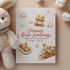 New Baby Card for Girl or Boy Welcome to the World Card with Name Date and Birth Weight Cute Teddy and Train New Born New Mum Dad