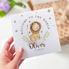 New Baby Card With Cute Lion Personalised With Babys Name And Date Pink Or Blue Welcome To The World Greeting Card Baby Boy Girl New Born