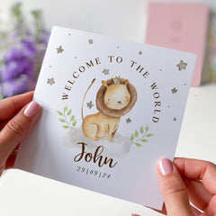 New Baby Card With Cute Lion Personalised With Babys Name And Date Pink Or Blue Welcome To The World Greeting Card Baby Boy Girl New Born