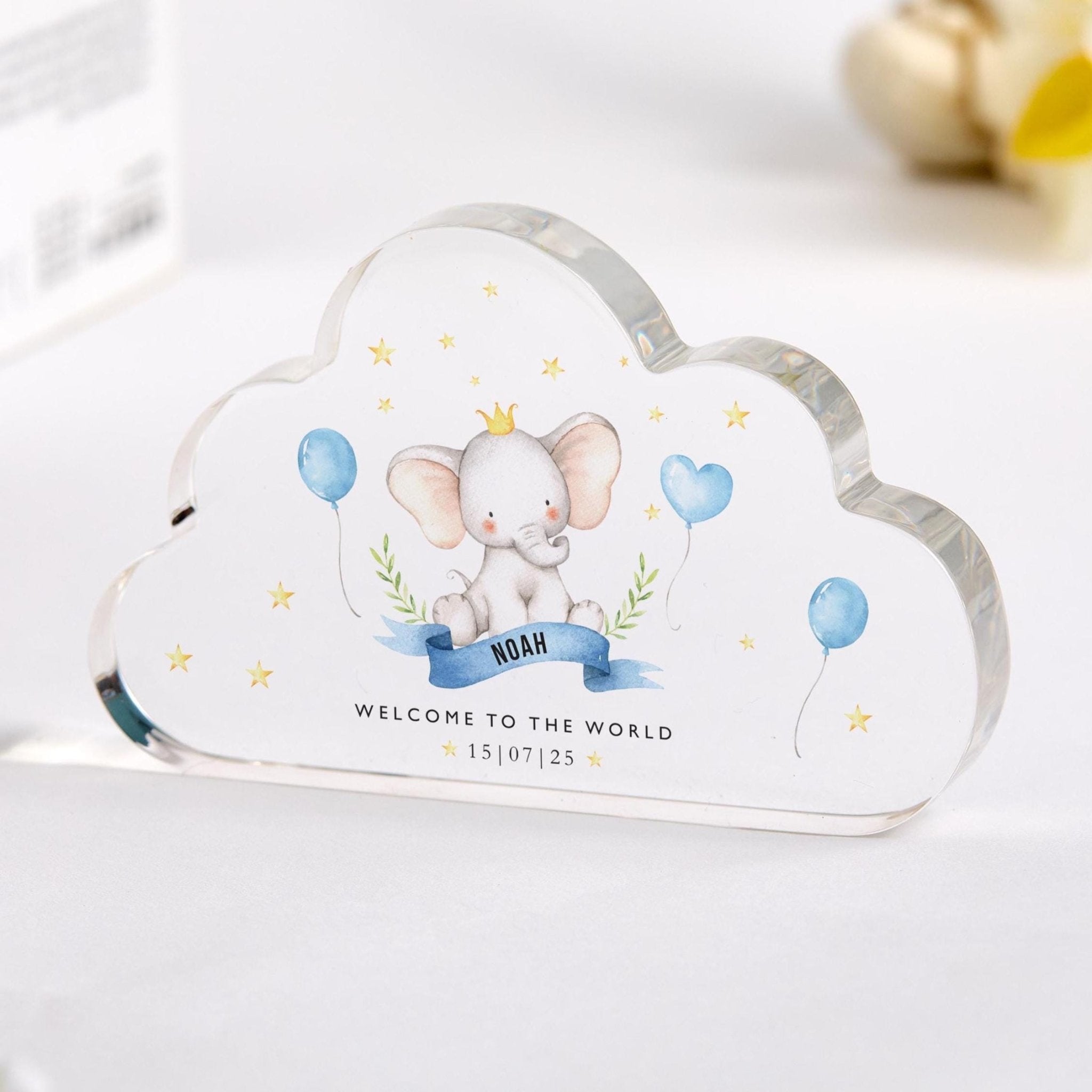 Cloud Plaque Custom Name & Date Keepsake Welcome to World Elephant Nursery Decor or Shower Present