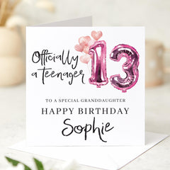 Officially a Teenager Birthday Card for ANY ROLE Granddaughter Daughter Nephew Pink Balloon Keepsake for Teenage Girl or Youth