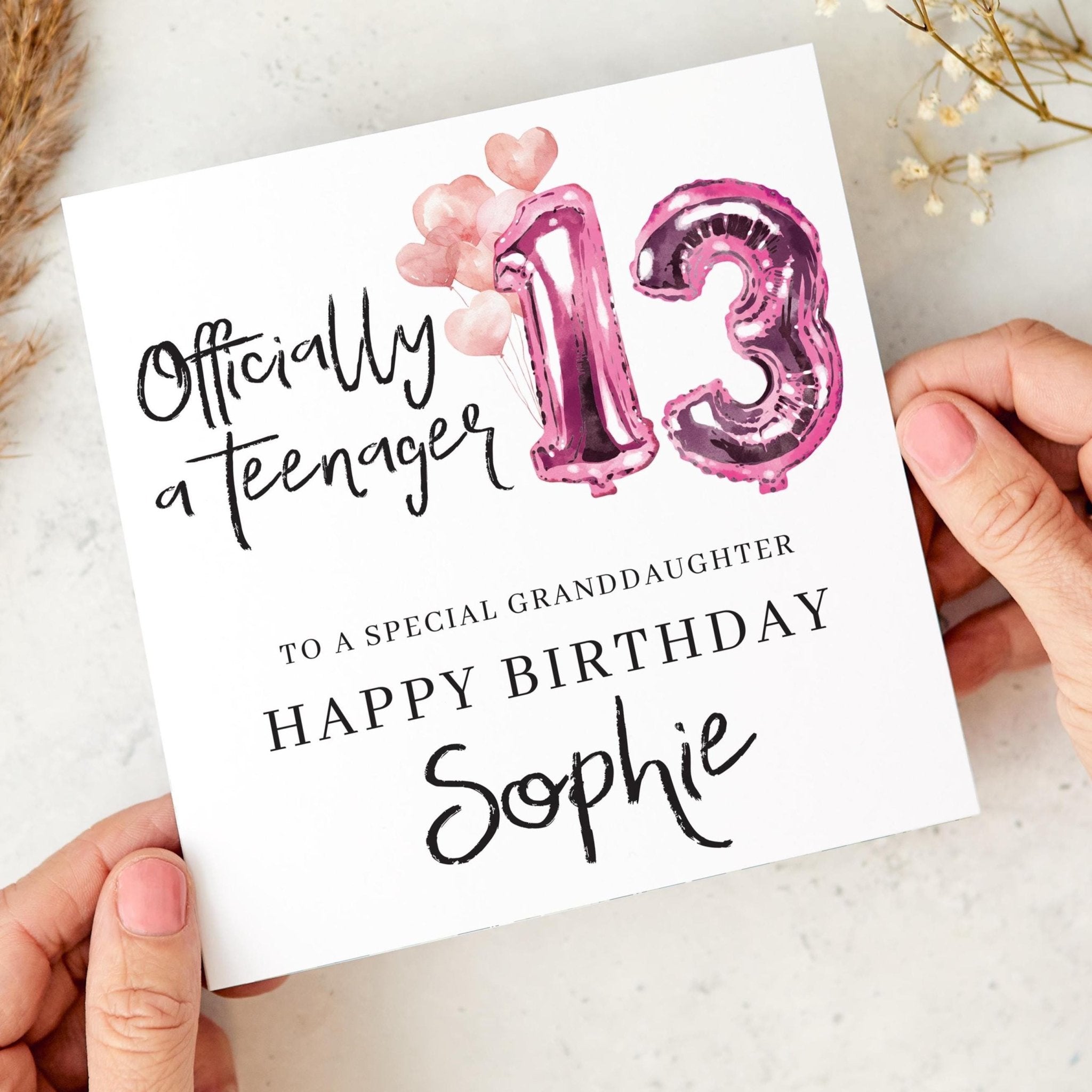 Officially a Teenager Birthday Card for ANY ROLE Granddaughter Daughter Nephew Pink Balloon Keepsake for Teenage Girl or Youth