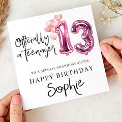 Officially a Teenager Birthday Card for ANY ROLE Granddaughter Daughter Nephew Pink Balloon Keepsake for Teenage Girl or Youth
