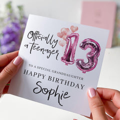 Officially a Teenager Birthday Card for ANY ROLE Granddaughter Daughter Nephew Pink Balloon Keepsake for Teenage Girl or Youth