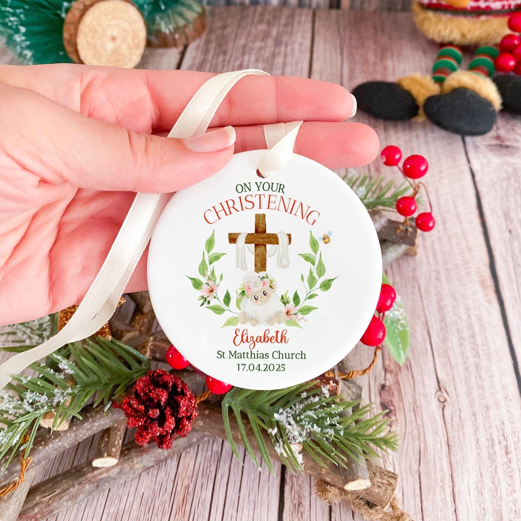 On your Christening Day Cute Ornament with Name and Date Baptism Grandson Granddaughter Son Daughter Nephew Niece Godson Goddaughter gift