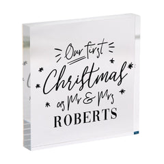Our First Christmas as Mr & Mrs Acrylic Plaque Custom Last name Keepsake Gift for Newlywed Couple