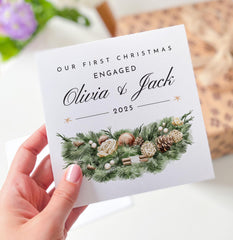 Our First Christmas Engaged Card for Fiancé or Fiancée Elegant 1st Xmas Engagement Winter Pine Design