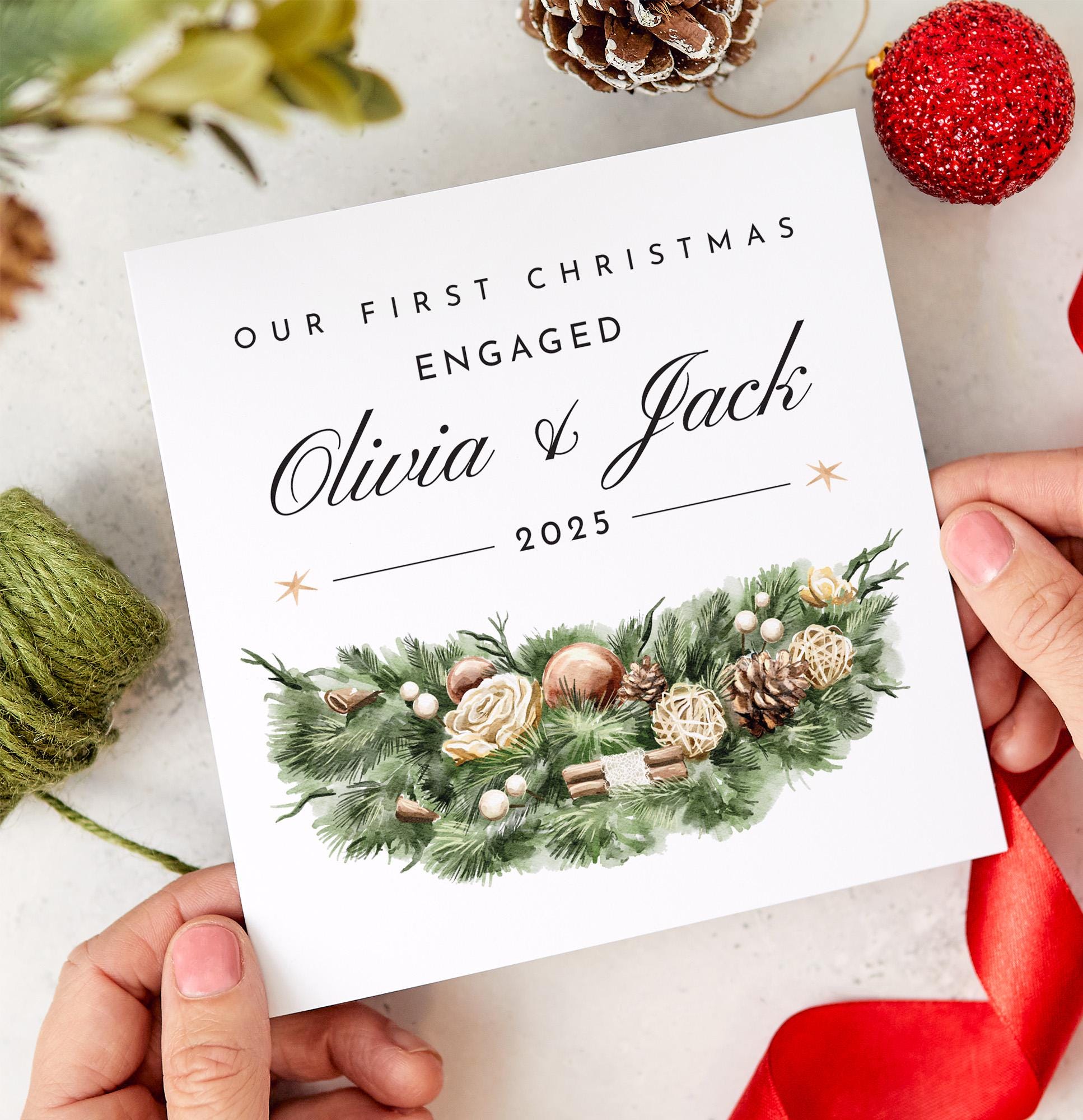 Our First Christmas Engaged Card for Fiancé or Fiancée Elegant 1st Xmas Engagement Winter Pine Design