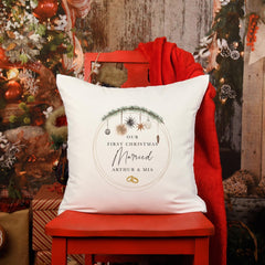 Our first Christmas married cushion with last name Mr and Mrs Gift for wife husband Newlywed couple Our 1st Xmas Christmas home decoration