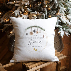 Our first Christmas married cushion with last name Mr and Mrs Gift for wife husband Newlywed couple Our 1st Xmas Christmas home decoration