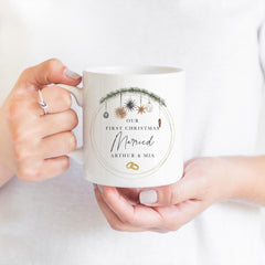 Our first Christmas married mug with names Gift for wife husband him her Newlywed couple 1st Xmas married present Keepsake