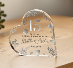 Personalised 15th Wedding Anniversary Gift Crystal Anniversary Heart - Shaped Acrylic Plaque Custom Keepsake with Names Date Elegant Floral