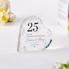 Personalised 25th Wedding Anniversary Gift Silver Anniversary Present Heart - Shaped Acrylic Plaque Custom Keepsake with Names Date Mum Dad