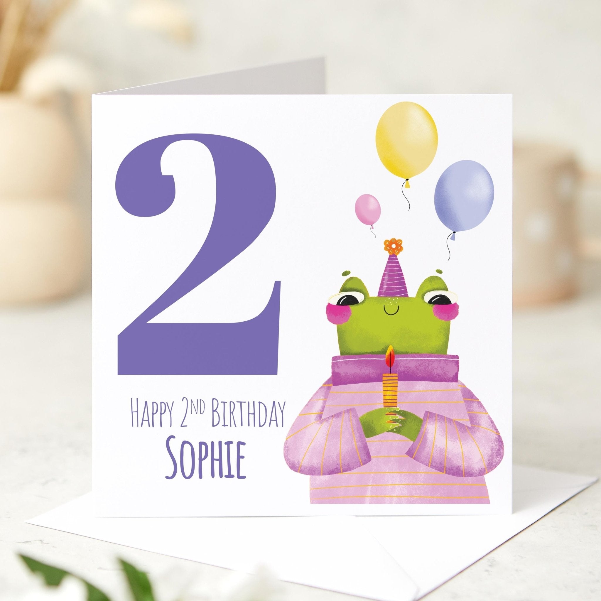 Personalised 2nd Birthday Card Cute Frog Design Name Toddler Birthday Card Fun Colourful Keepsake for Child Grandchild Niece Nephew I am Two