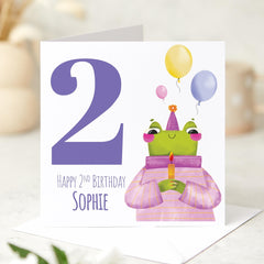 Personalised 2nd Birthday Card Cute Frog Design Name Toddler Birthday Card Fun Colourful Keepsake for Child Grandchild Niece Nephew I am Two
