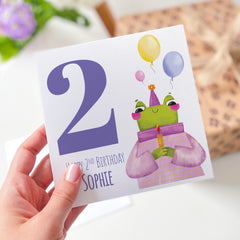 Personalised 2nd Birthday Card Cute Frog Design Name Toddler Birthday Card Fun Colourful Keepsake for Child Grandchild Niece Nephew I am Two