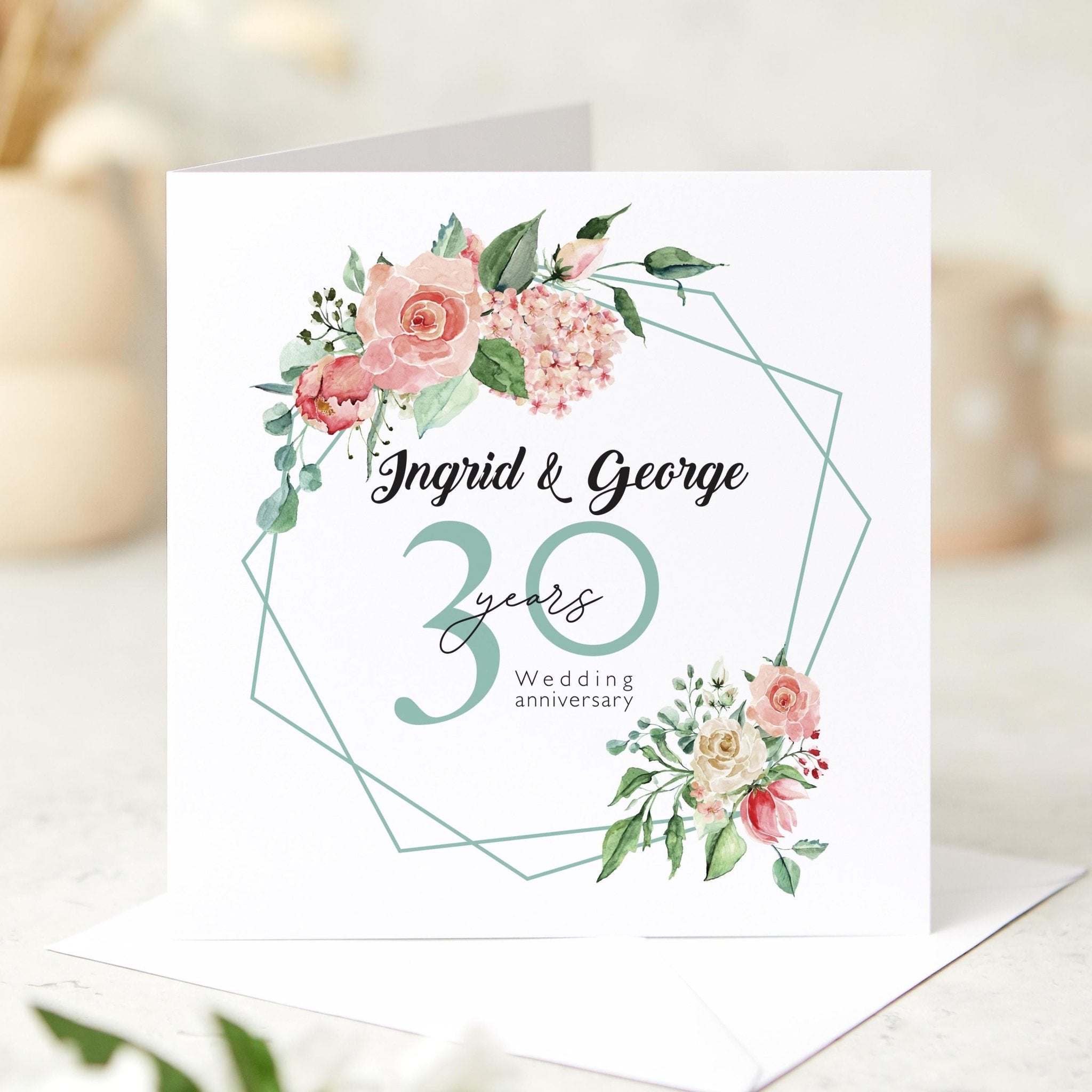 Personalised 30th Wedding Anniversary Card Floral Design Custom Names Gift for Husband Wife Parents Friends Celebration Gift Card