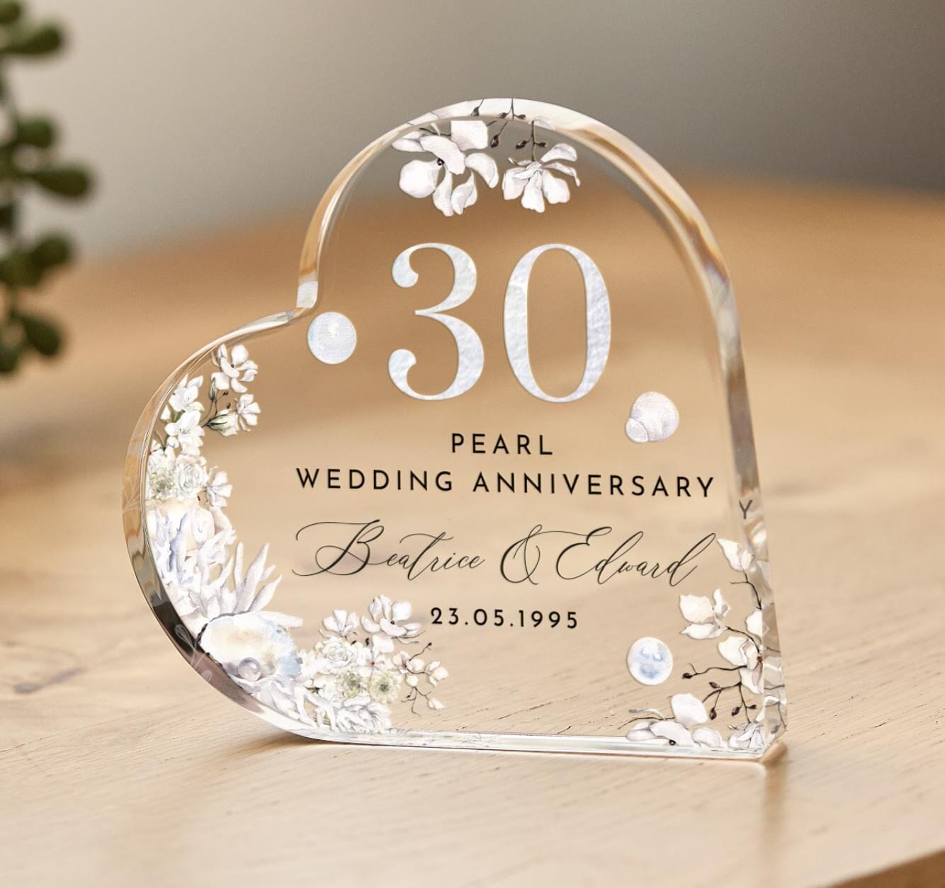 Personalised 30th Wedding Anniversary Gift Pearl Anniversary Present Heart - Shaped Acrylic Plaque Custom Keepsake with Names Date Mum Dad