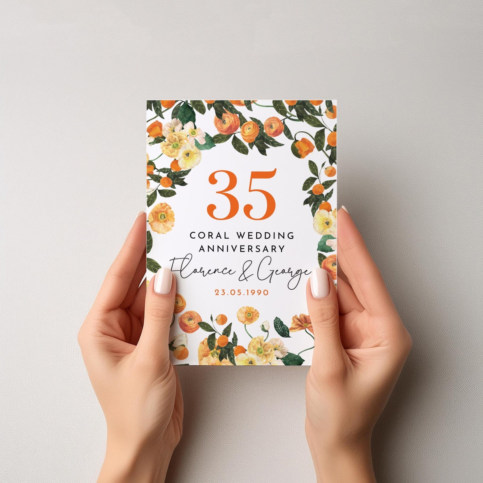 Personalised 35th Coral Wedding Anniversary Card with Names and Date Elegant Floral Keepsake for Couple Husband Wife Grandparents Mum Dad