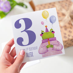 Personalised 3rd Birthday Card Fun Frog Name Toddler Birthday Card Colourful Children’s Keepsake for Nephew Niece Grandson Granddaughter Son