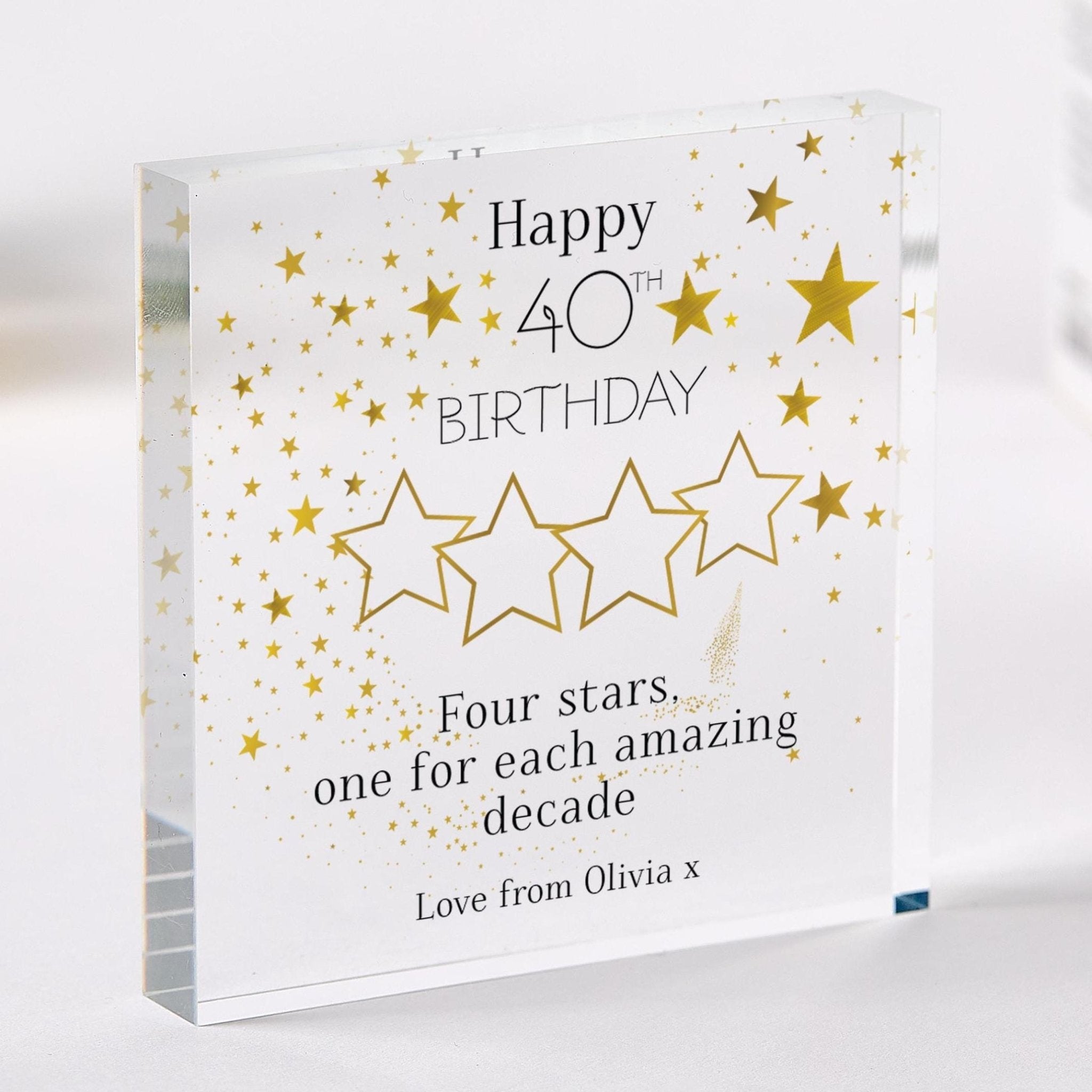 Personalised 40th Birthday Acrylic Plaque Elegant Star Themed Keepsake Name Milestone Her Friend Colleague Forty Fabulous